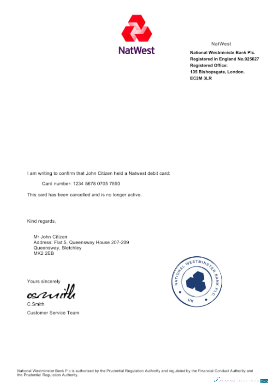 Download UK NatWest bank Debit Card Cancellation Confirmation Letter Photoshop template